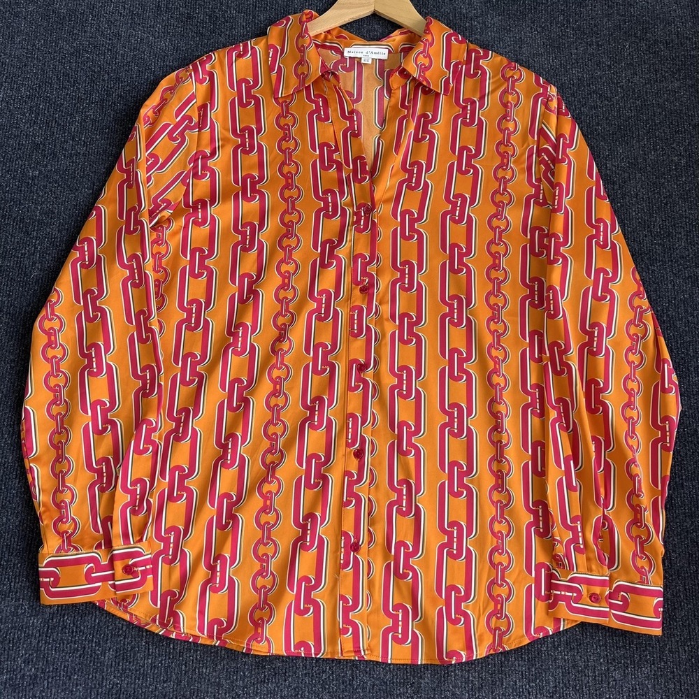Maison D'Amélie Button Up Shirt Womens XL Orange Chain Print Satin Blouse Top